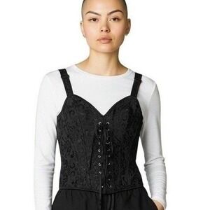 Fashion Costumes Black Brocade Corset Top Lace Up Bustier Goth Steampunk Large